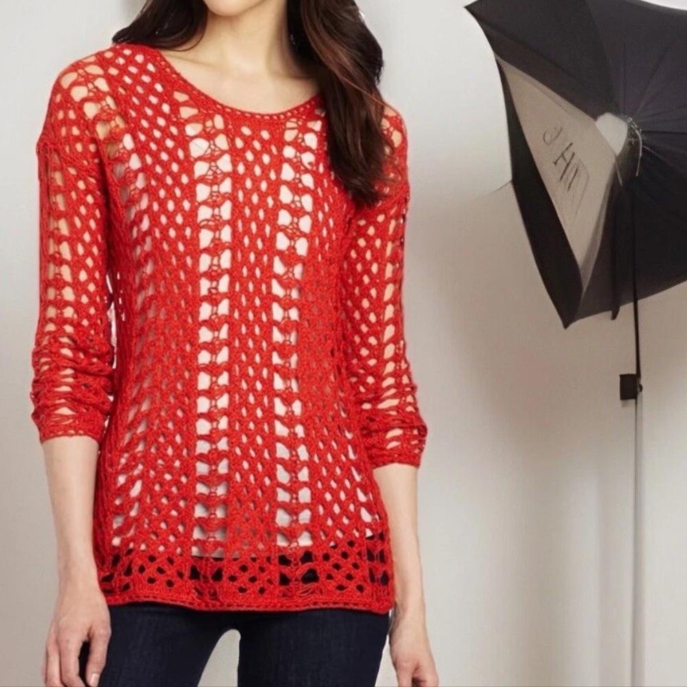 LUCKY BRAND Sweater Womens X-Small Red Macey Netted Open Knit Crochet Pullover